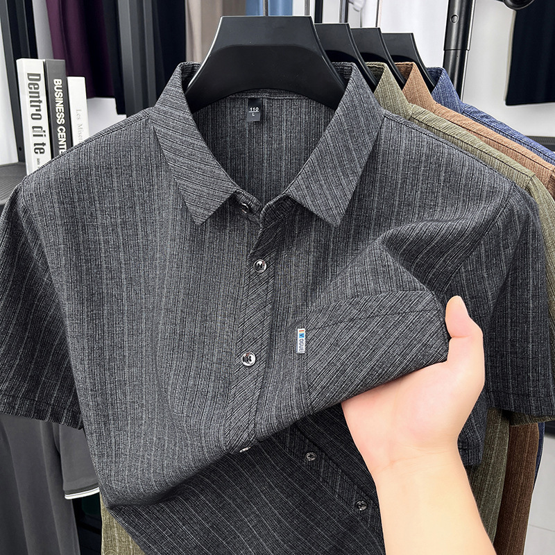 Summer New Men's Pocket Shirt Short-Sleeve Casual Turn-Down Collar Solid Color Thin Top for Middle-Aged Men