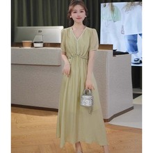 韩版时尚V领收腰显瘦连衣裙女2025夏季新款气质百搭纯色雪纺裙子