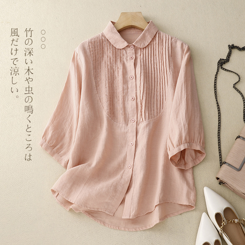 2023 Summer Three-Quarter Sleeve Polo Collar Cotton Linen Shirt Women's Artistic Retro Accordion Pleated Solid Color Cardigan Top Fashion