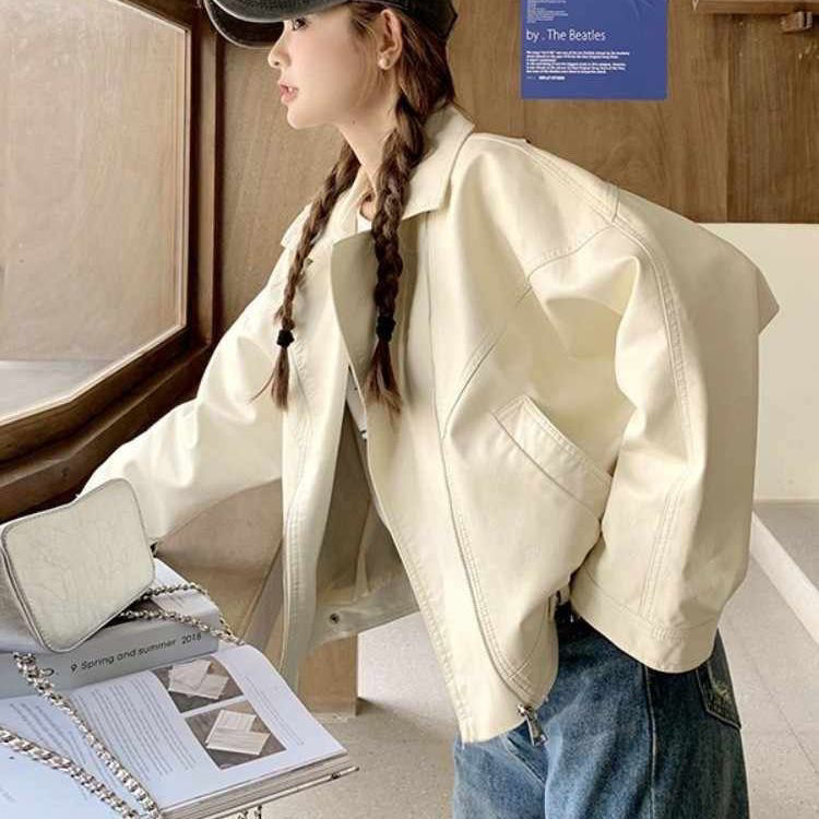 Off-White Leather Jacket for Women Spring & Fall 2025 New American Retro Hong Kong Style Petite Motorcycle Jacket Top