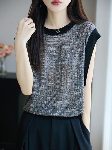 New summer thin 100% Lysel tensel knitted shirt hollow round collar color matching cool T-shirt