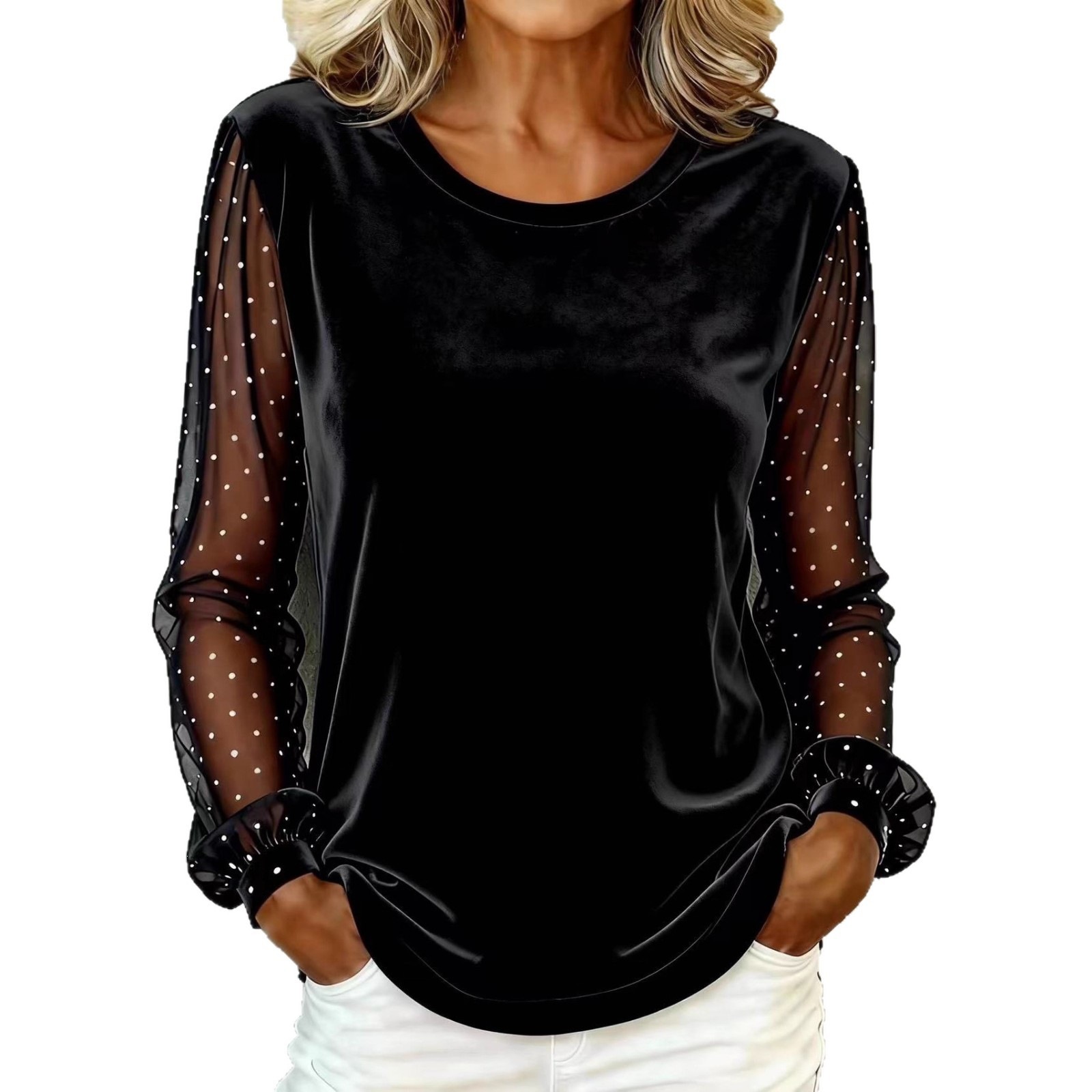 Elegant Women's Long Sleeve Velvet Top with Lace Trim round Neck T-Shirt for Casual Wear_ecoleips.com