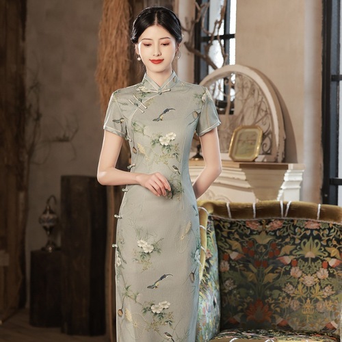 Retro Chinese Dress oriental Cheongsam for women green knitted jacquard cheongsam improved young with short sleeves