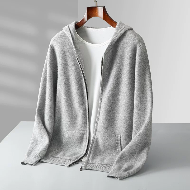 Demi-season hoody, cardigan, woolen jacket, knitted sweater with zipper