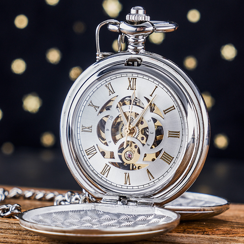 Laser Engraving and Lettering, Colorful Gold Surface, Brushed Two-Sided Light Silver Mechanical Pocket Watch for Men and Women