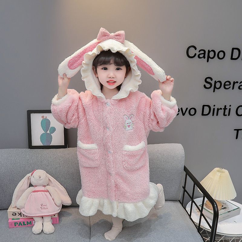 Girls' Nightgown Pajamas Autumn and Winter Flannel Baby Thickened Coral Velvet Bathrobe Nightgown Winter Style Kidsren's Home Clothes