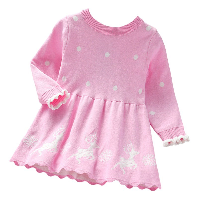 Детское платье для девочек, осенний наряд, рождественское платье-свитер с оленями, новинка 2025 года, детское трикотажное платье принцессы с длинным рукавом и круглым вырезом, осеннее