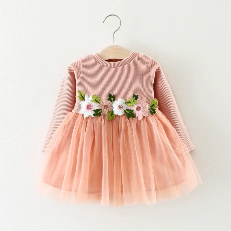 Demi-season long-sleeve dress for girls, floral applique tulle skirt, sizes 70–100