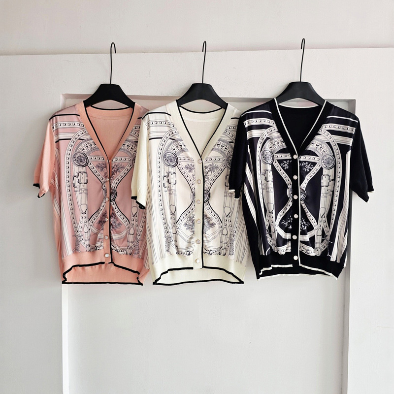 Old Money Style Horse Print Satin Patchwork Short-Sleeve Knit Cardigan for Women, Summer Socialite Single-Breasted French Top
