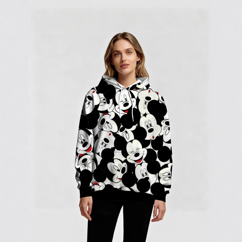 Mickey and Minnie Pattern Printed Long-Sleeved Hooded Sweatshirt Casual and Cute Sweatshirt for Men and Women