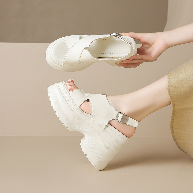 Sandal nữ da bò cao gót 12cm đế xuồng tăng chiều cao mùa hè — màu đen, màu trắng ngà