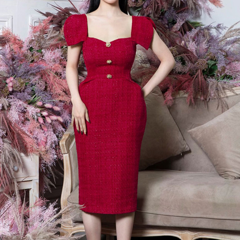 Early Autumn New Style Small Fragrant Dress Rose Red Light Mature Style Slim Fit Hip Formal Occasion Small Dress 1144