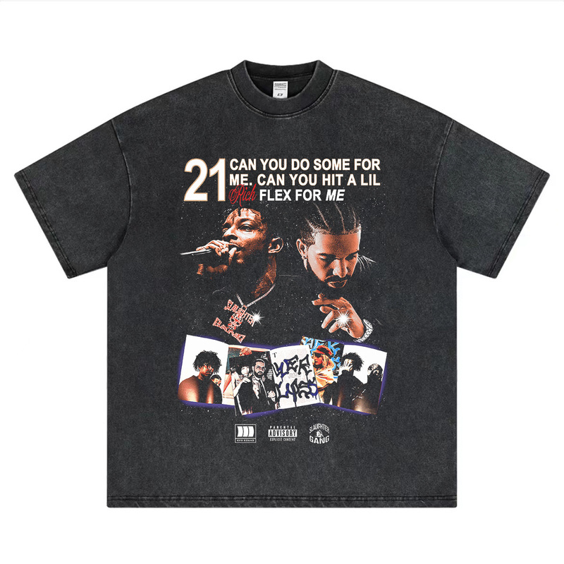 European and American hip-hop rapper 21savage Drake Drake Duck Digital Printed T-shirt Washed Old