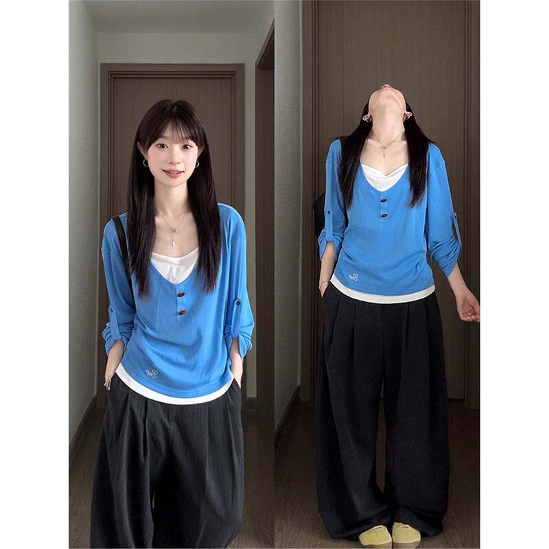 mm821 blue faux two-piece V-neck long-sleeve T-shirt for women, autumn style, fashionable and versatile, buttoned slim-fit top mm821 blue faux two-piece V-neck long-sleeve T-shirt for women, autumn style, fashionable and versatile, buttoned slim-fit top