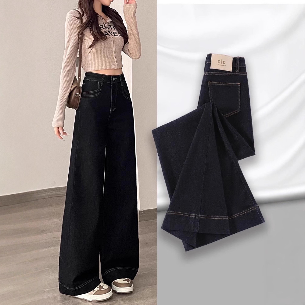 黑色阔腿牛仔裤女夏季设计感新款胖MM大码宽松高腰显瘦拖地直筒裤
