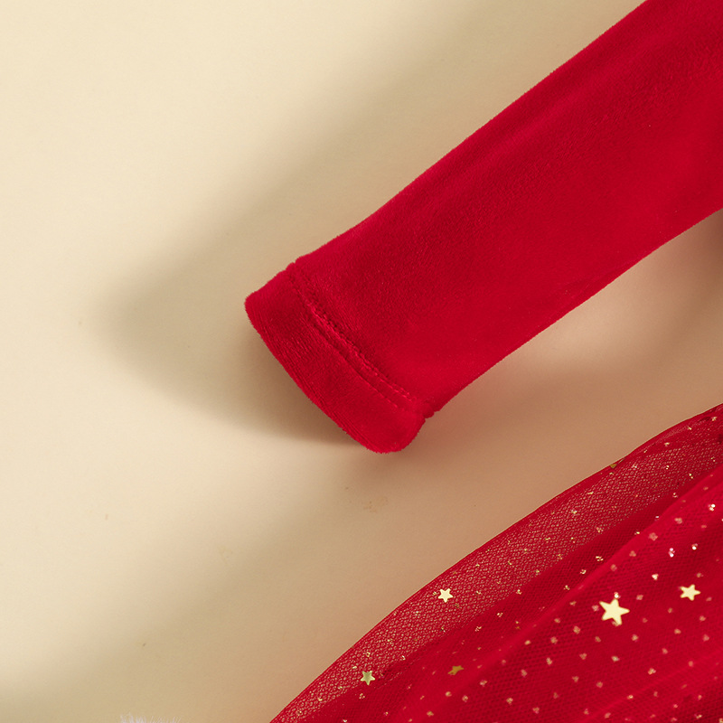 Vestido nuevo de Navidad para niños 2023 vestido de princesa de malla de estrella con manga de burbuja + lazo_voghion.com