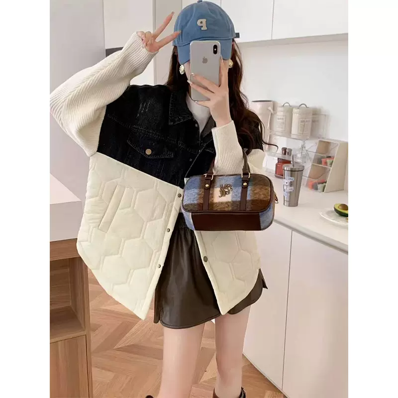 秋冬季新款设计感牛仔棉服拼接针织开衫女宽松慵懒风小众毛衣外套