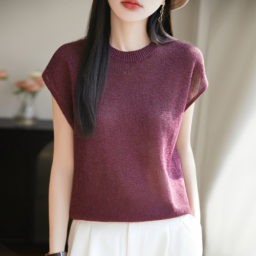 Women's Solid Color Thin Ice Silk Crew Neck Knit Backless Top for Spring and Summer