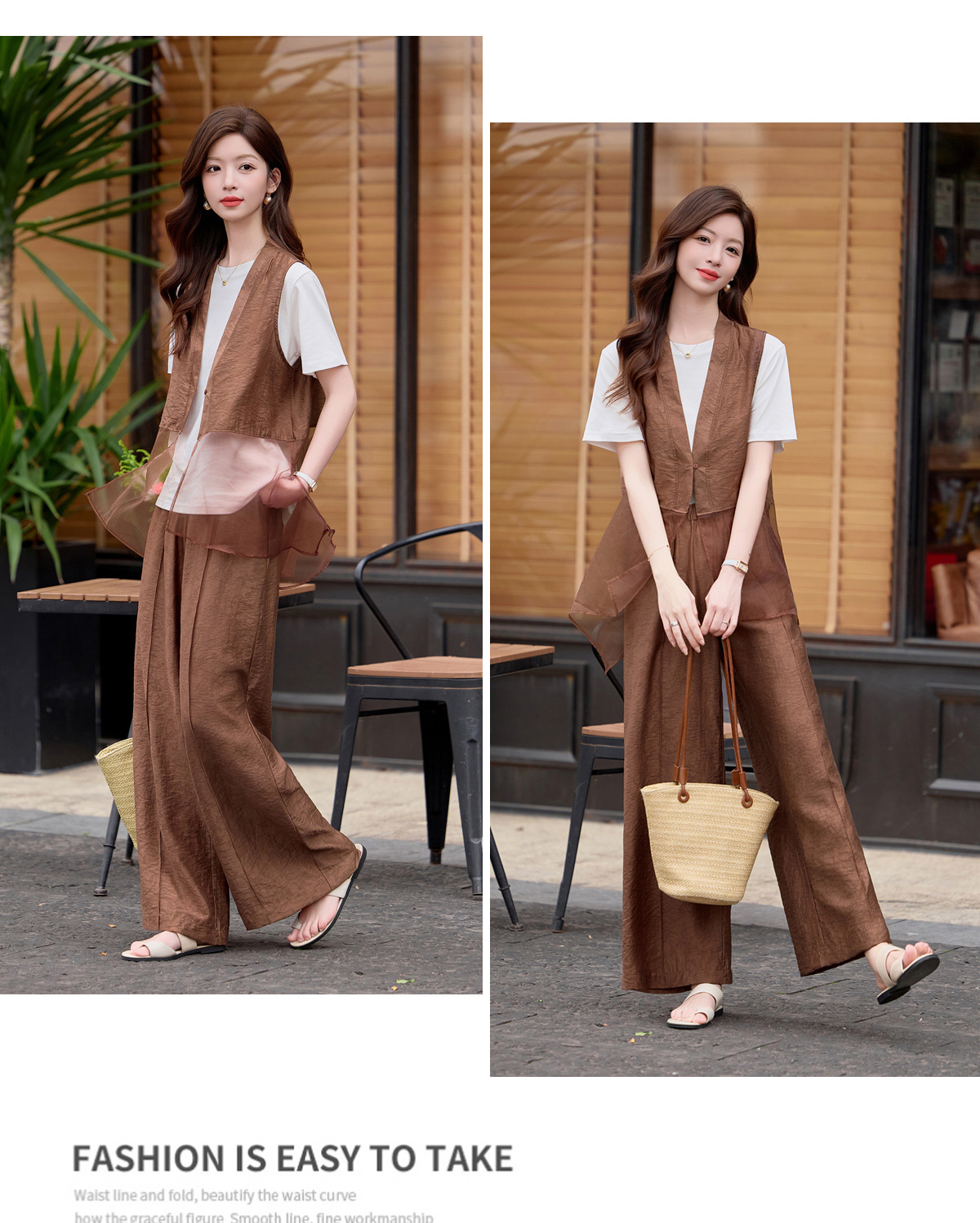 Bộ quần áo nữ V-neck vest kết hợp quần ống rộng hai mảnh mùa hè 2026 — màu đen, màu cà phê chi tiết 17