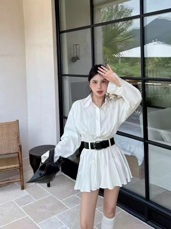 大码韩系polo领衬衫连衣裙女秋收腰显瘦连衣裙带腰带白褶裙长袖|undefined