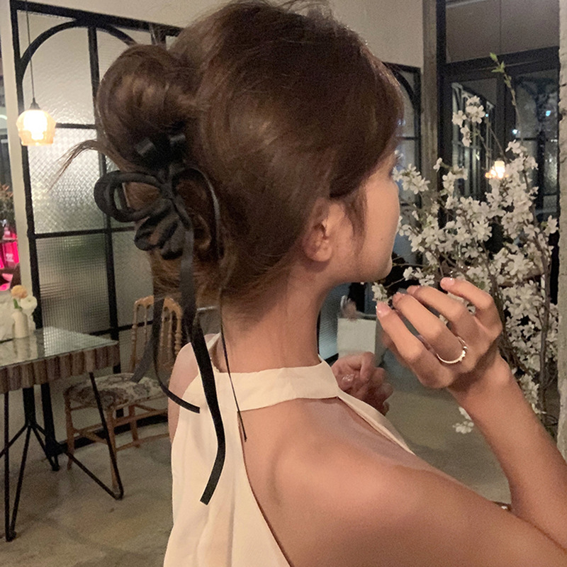 Zwarte stoffen lange lintstrik grijpclip achterhoofd haarclip haaienclip dames nieuwe matte haaraccessoires_voghion.com