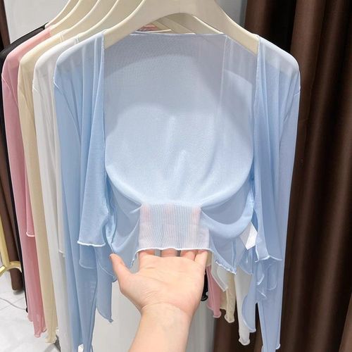 Sheer mesh sunscreen short-sleeved open jacket for women, 2025 summer air conditioning net gauze temperament thin version cape top fashion