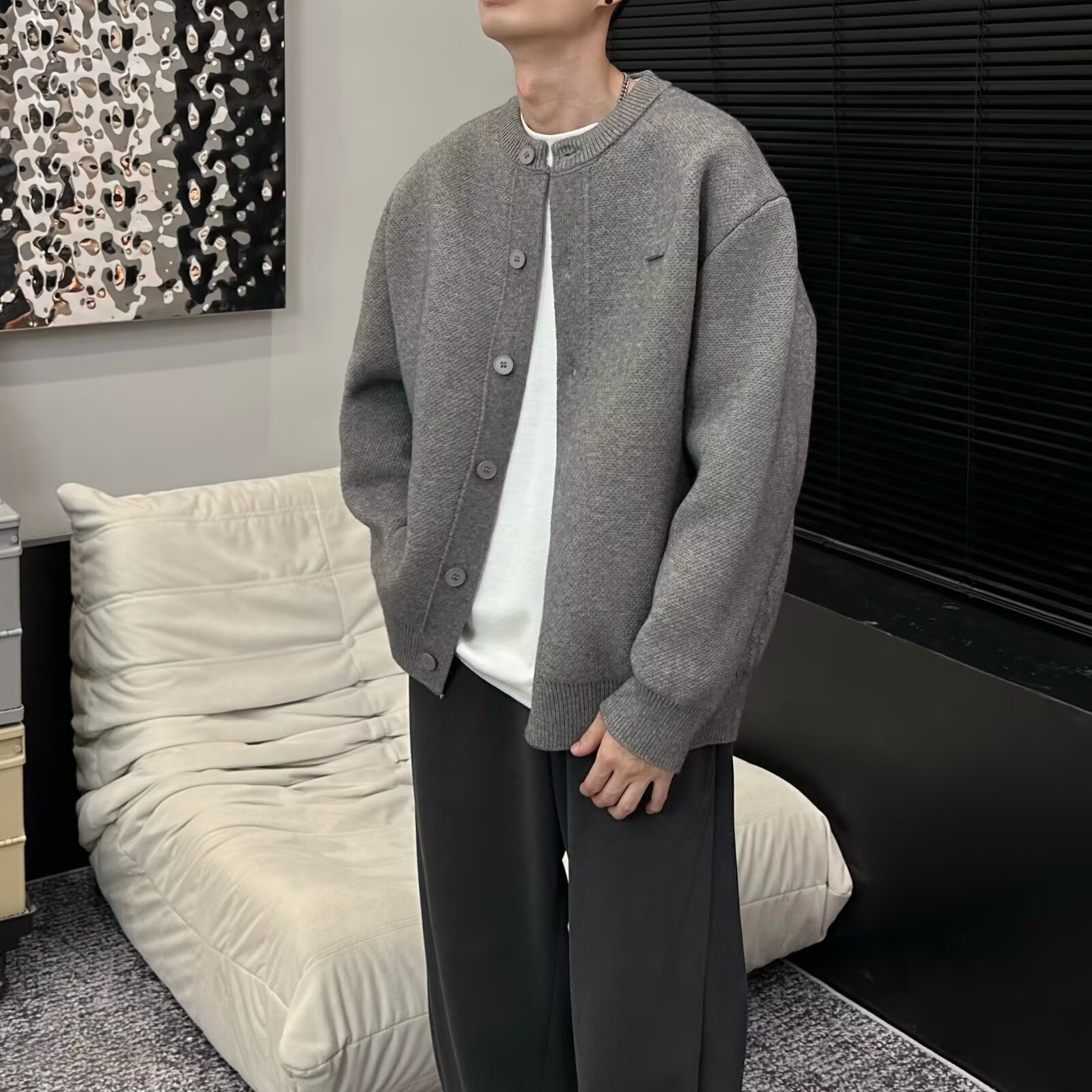 Otoño nuevo hombre jersey de punto cardigan estilo americano estilo casual de manga larga estilo coreano pareja de color sólido