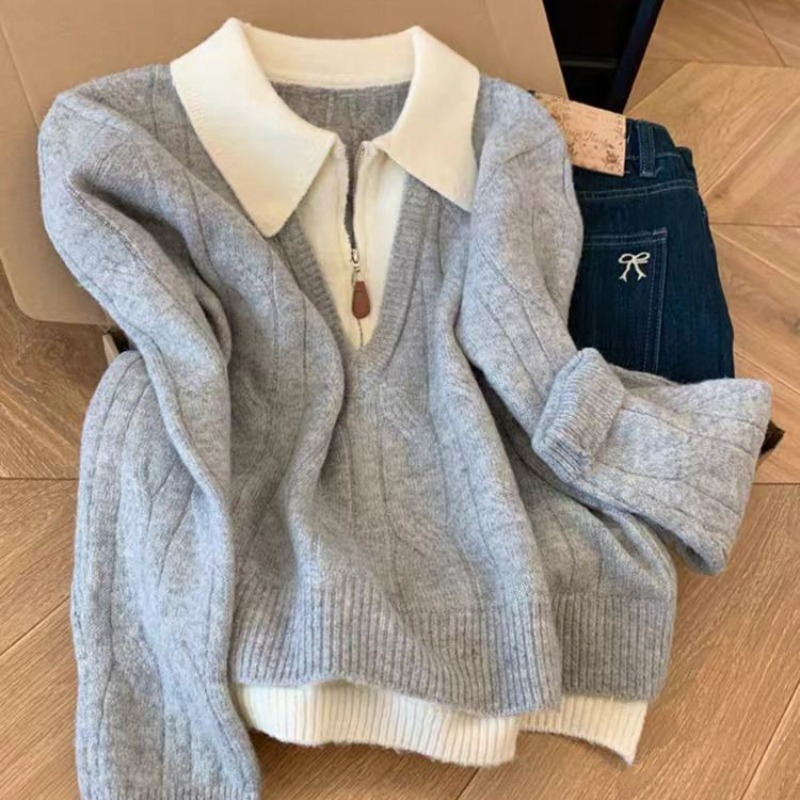 Petite Korean-Style Turn-Down Collar Half-Zip Faux Two-Piece Knit Sweater for Women, New Autumn and Winter Design with a Sweet Style Top