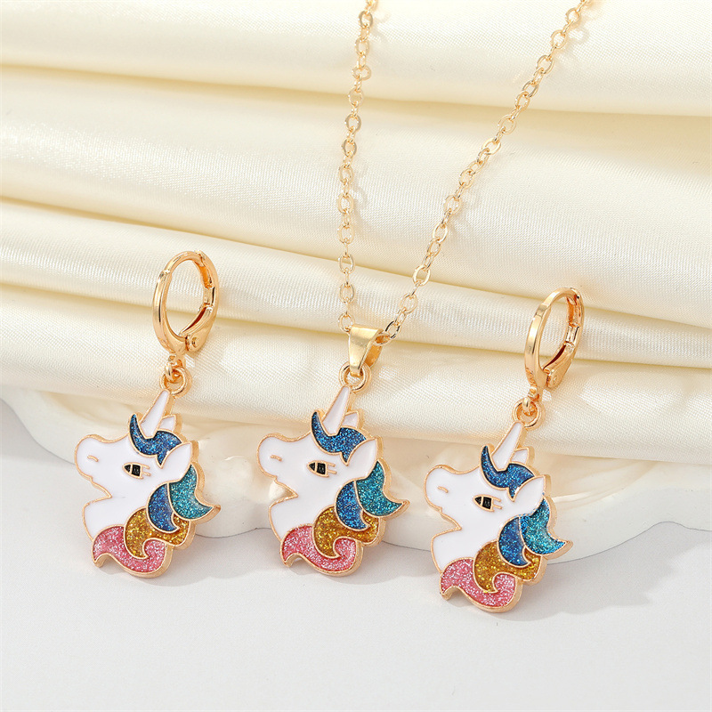 European jewelry cute colorful glitter unicorn necklace earrings womenpicture1