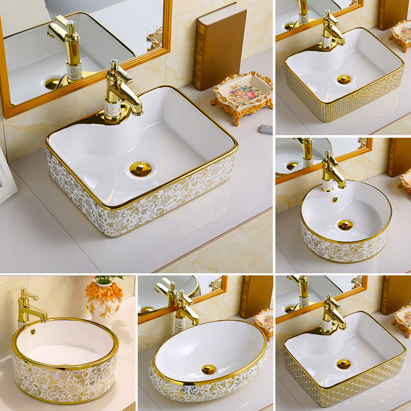 Exportación de alta temperatura color oro tablero lavabo lavabo de cerámica ligera de lujo fábrica de hotel lavabo galvanizado al por mayor