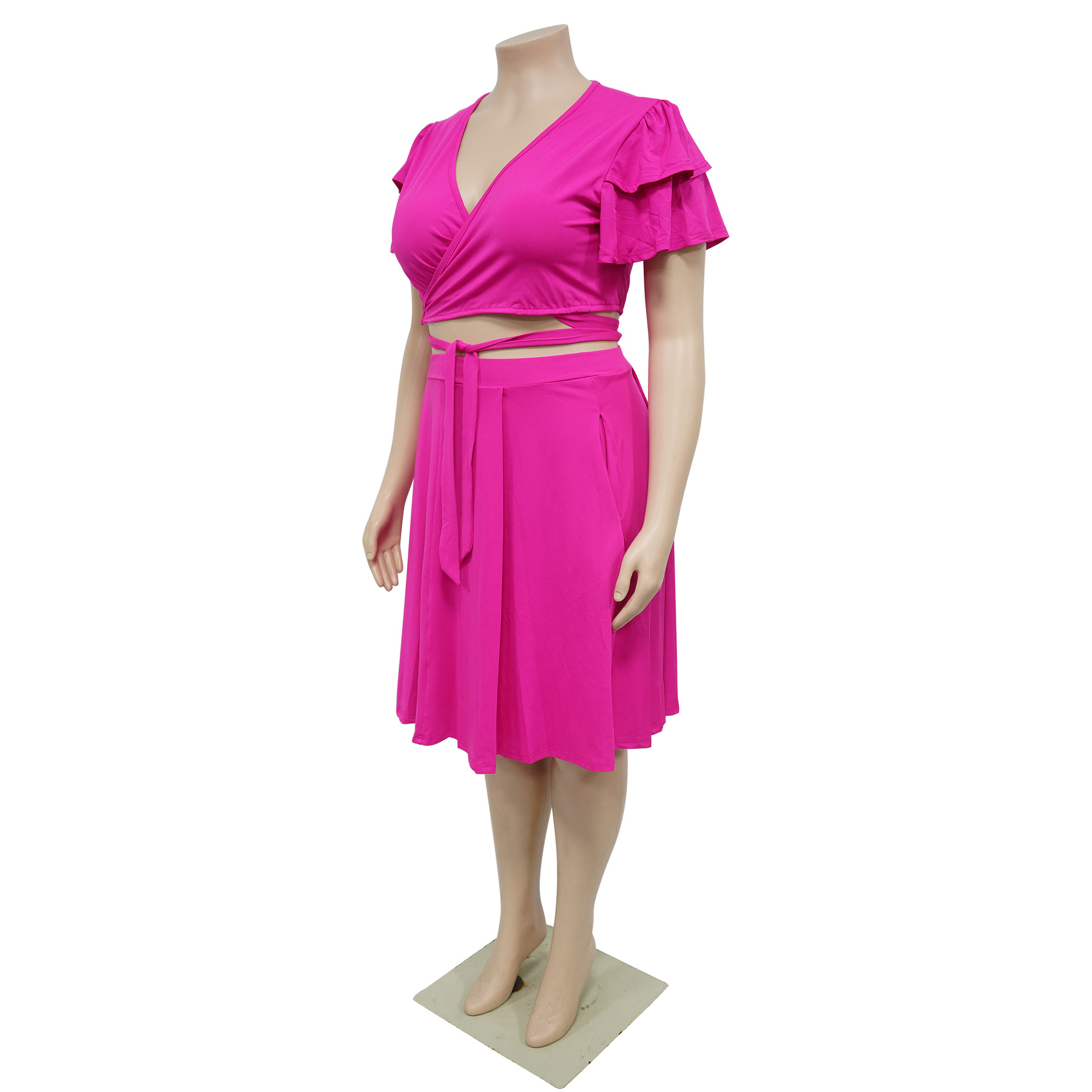 385g Weight Short Sleeve Sleeve Length Spandex Fabric Type Skirt Co-ord Set Sets Type 2 Pieces Set Quantity Daily Occasion V Neck Neckline Regular Fit Fit Type Solid Color Pattern Summer Season Pleated Design Casual Style Daily Casual Solid Color Spandex Pleated Skirt Co-ord Set Plus Size Two-piece Sets 3