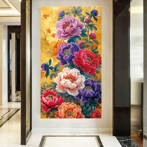 Colorful Peony Painting Printed Cross-stitch 2024 New Style Embroidery Line Flowers Blossom and Rich Vertical Version Full Embroidery for Living Room in Hallway