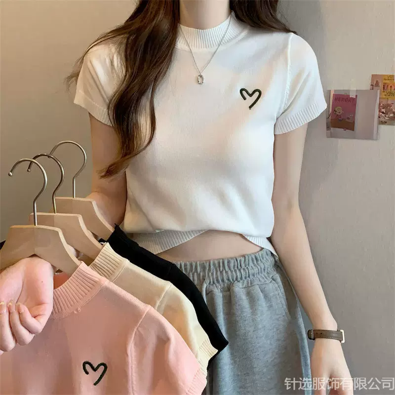 修身圆领季针织衫女夏刺绣显女小衫显瘦身材款百搭短袖短上衣薄款