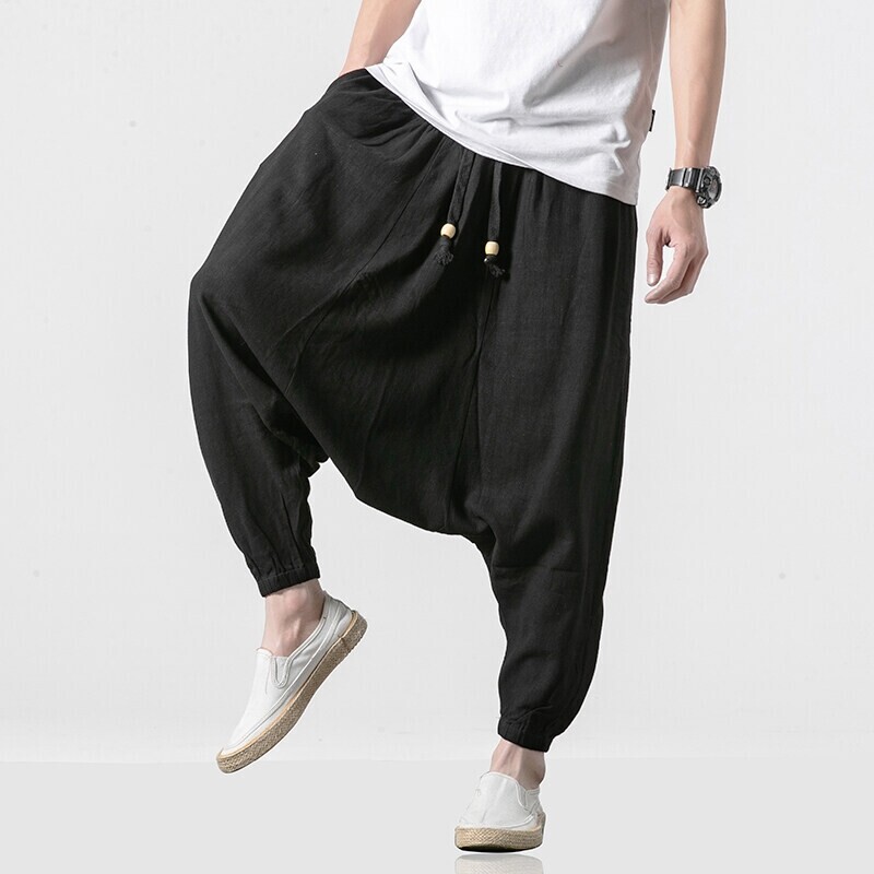 Chinese Style Cotton and Linen Low Crotch Pants Men's Cross Pants Flying Mouse Pants Linen Bundled Foot Collapsing Foot Collapsing Pants Wide Trendy Sling Pants