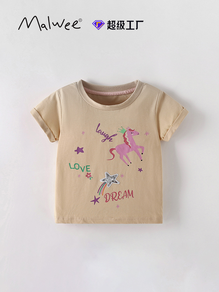 Malwee ropa infantil de verano nueva camiseta europea y americana niños de cuello redondo de manga corta linda camiseta casual