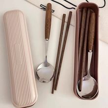实木质餐具筷子勺子套装高颜值不锈钢一人用外用自带便携收纳盒子