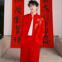 2025春装新款红色新中式红色喜庆中山装西服结婚男垫肩西装外套