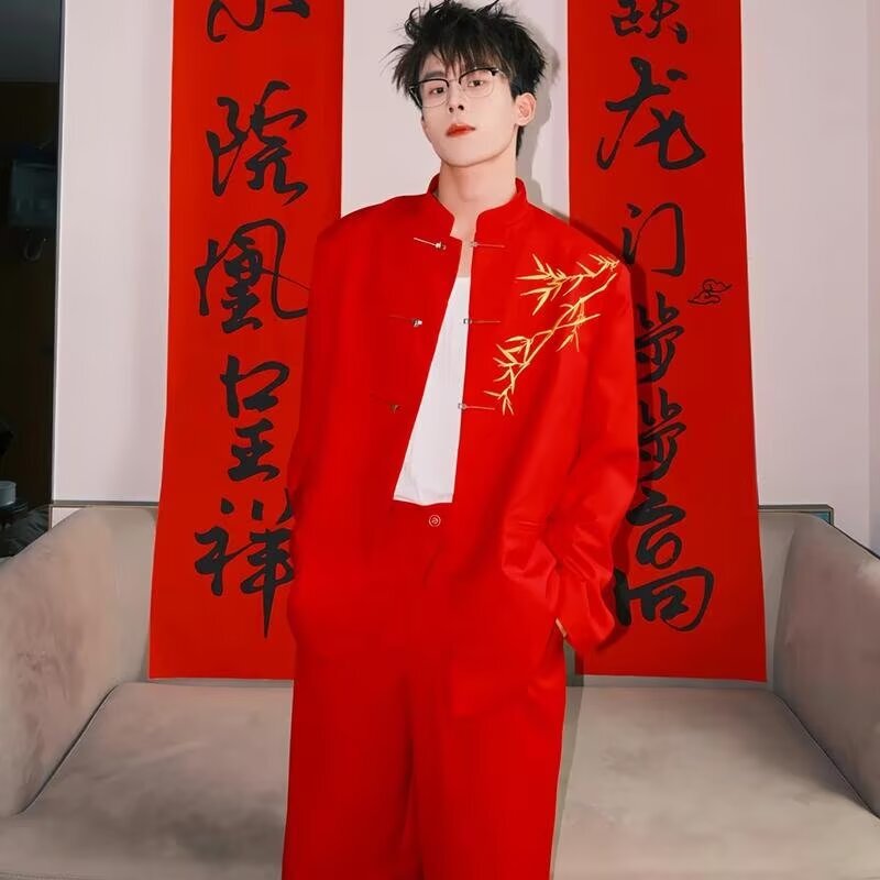 2025 Spring New Red New Chinese Red Festive Chinese-tunic Suit for Wedding Men Shoulder Pad Suit Jacket