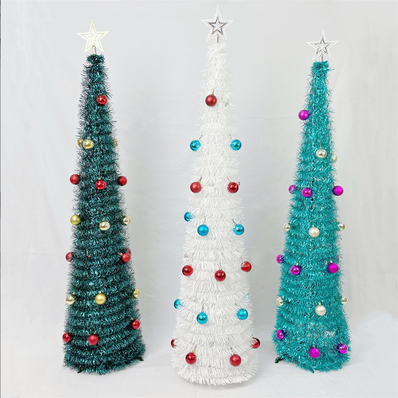 跨境新品圣诞节折叠树双色彩球炫蓝炫绿白色树可伸缩茜草毛条树