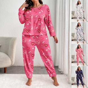 Cross-border European and American plus size Women's Pajamas Autumn and Winter Long Sleeve Trousers Love Printed Two-piece Home Clothes suit