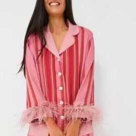 2023秋季欧美冰丝睡衣不规则条纹衬衣长裤宽松两件套羽毛家居服女