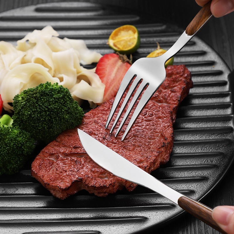 Amazon 模造木製ハンドルポルトガル 430 ステンレス鋼食器西洋ステーキナイフ、フォーク、スプーンクリップハンドルセット卸売|undefined
