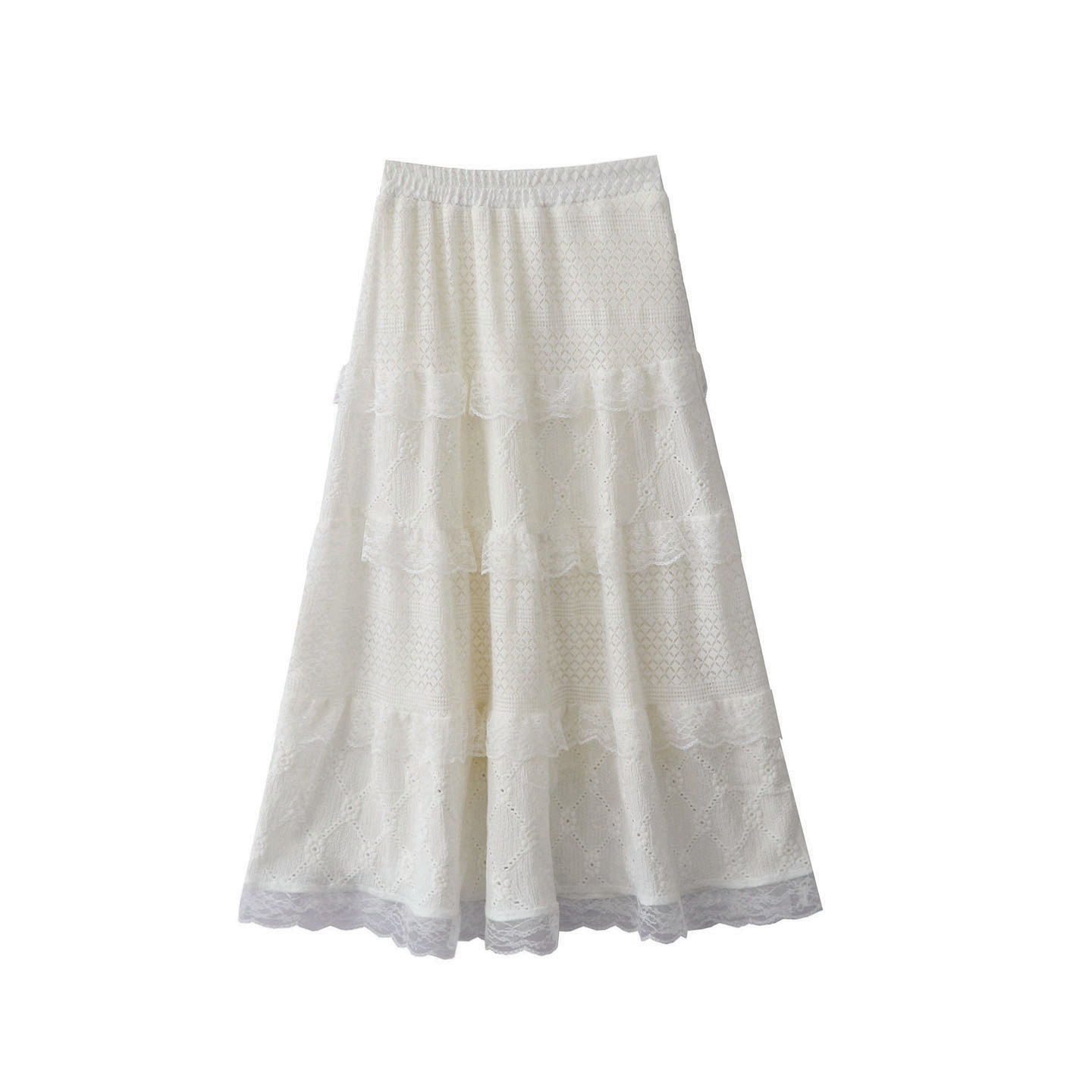 秋冬新款温柔风重工艺蕾丝花边拼接白杏色蕾丝半身裙加绒加厚长裙