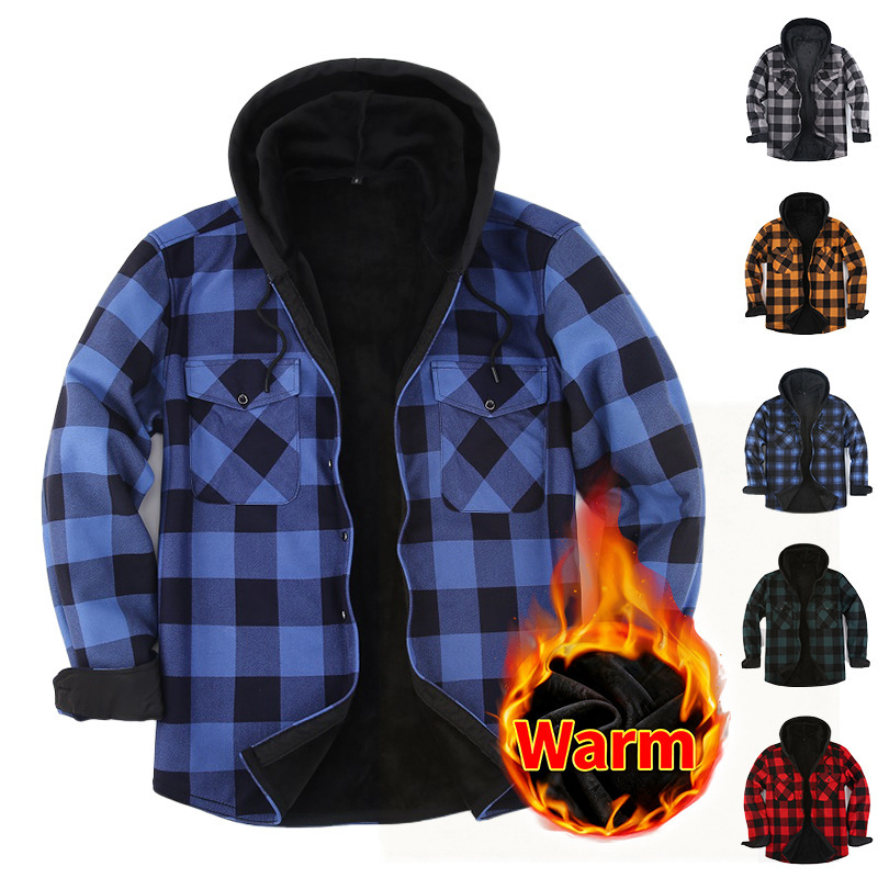 New Foreign Trade Hooded Men's Plaid Shirt, Cold-Resistant, Warm, Fleece-Lined, Thickened Long-Sleeve Thermal Shirt, Plus-Size Men's Clothing