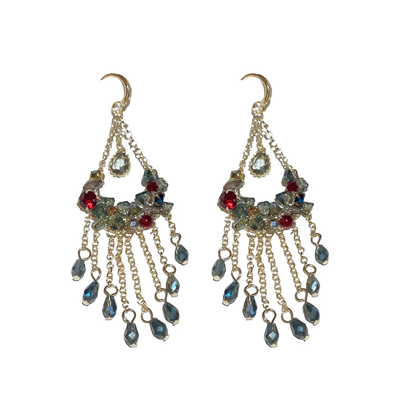 Pendientes de borla de cuentas de vidrio con gotas de agua de diamantes llenos Pendientes de temperamento retro bohemio Pendientes de personalidad de moda exagerada mujer