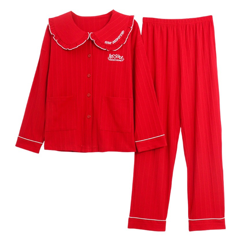 Jiao Caimeng nuevo primavera y otoño pareja pijamas de manga larga de algodón cardigan solapa color sólido de alta gama rojo traje de desgaste para el hogar