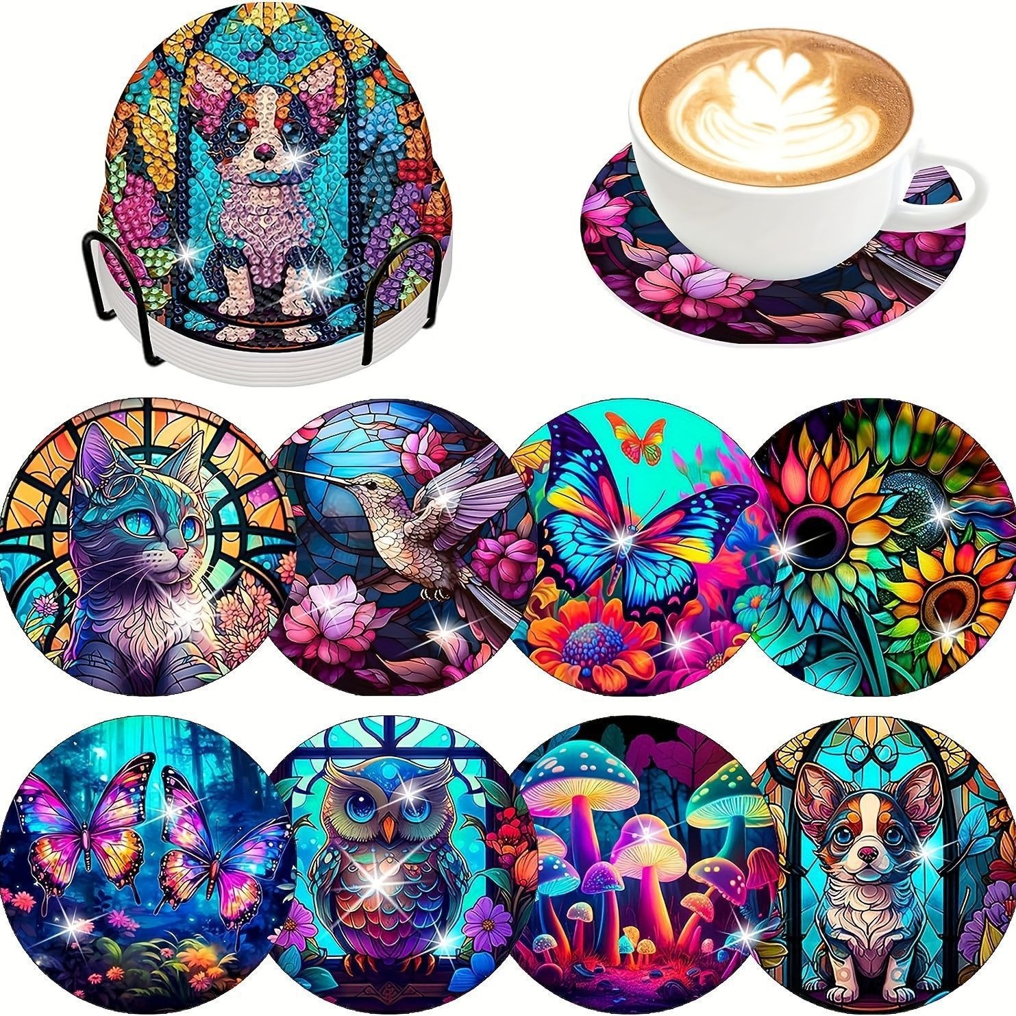 Diamante de dibujos animados almohadillas de taza letras rojas textura de madera hecha a mano puntos de perforación aislamiento térmico antideslizante diamante juguetes de pegatinas