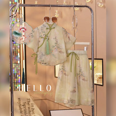 女童新中式套裝夏新款古風盤扣闊腿褲國風套裝2024新款古風褲套裝