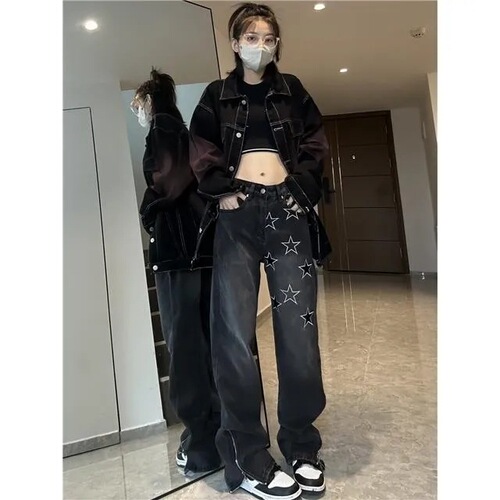 American high street vibe trousers zipper design black jeans women's retro embroidered star straight slim pants