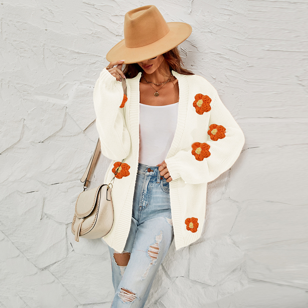2023 primavera nuevo estilo europeo y americano de talla grande ropa de mujer rebeca de flores transfronterizas de Amazon suéter de manga de linterna chaqueta mujer image 3